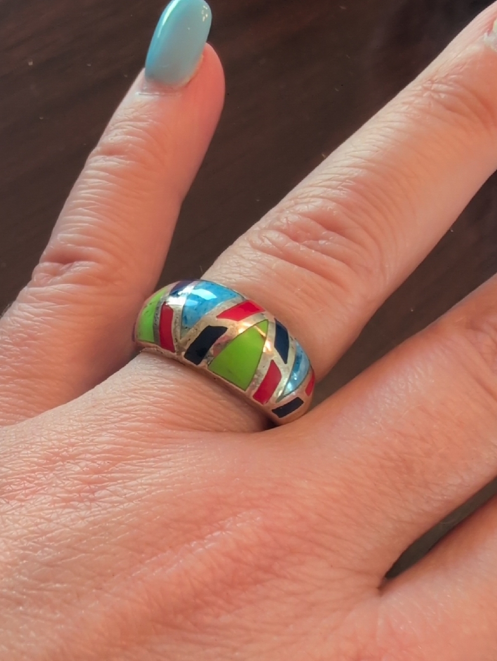 Multicolor Enamel Dome Band Ring - Vibrant Geometric Pattern